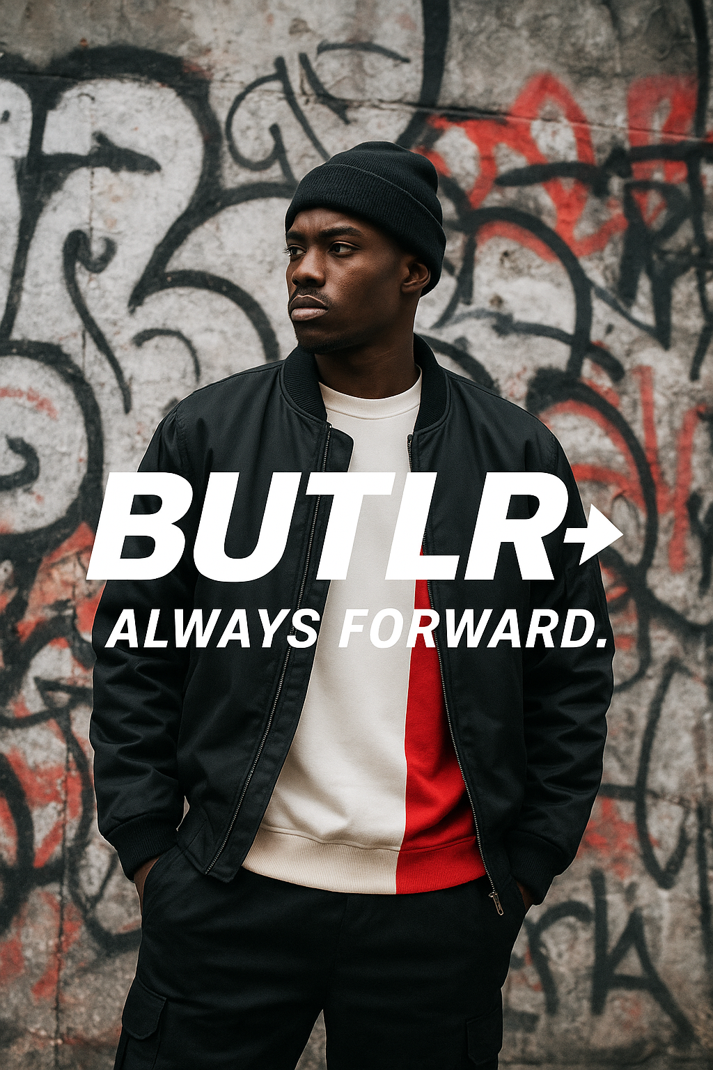 Person wearing a jacket with 'BUTLR' branding against a graffiti-covered wall.